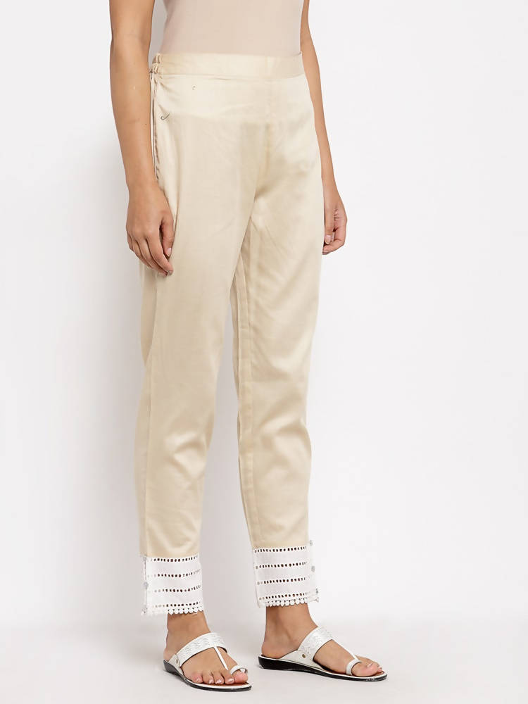 Myshka Beautiful Women's Cream Cotton Solid Casual Trouser | Grocsy