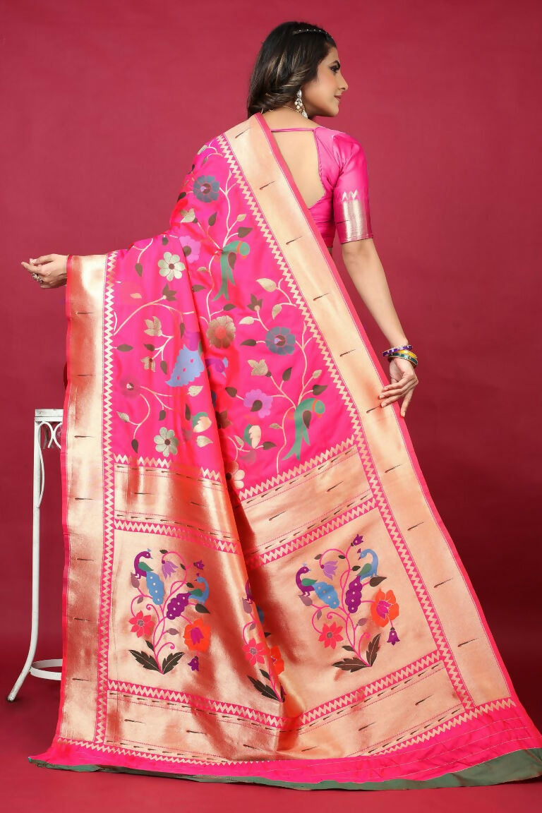 Jyoti Fashion Women's Pink Paithani Silk Zari Woven Saree with Blouse | Grocsy