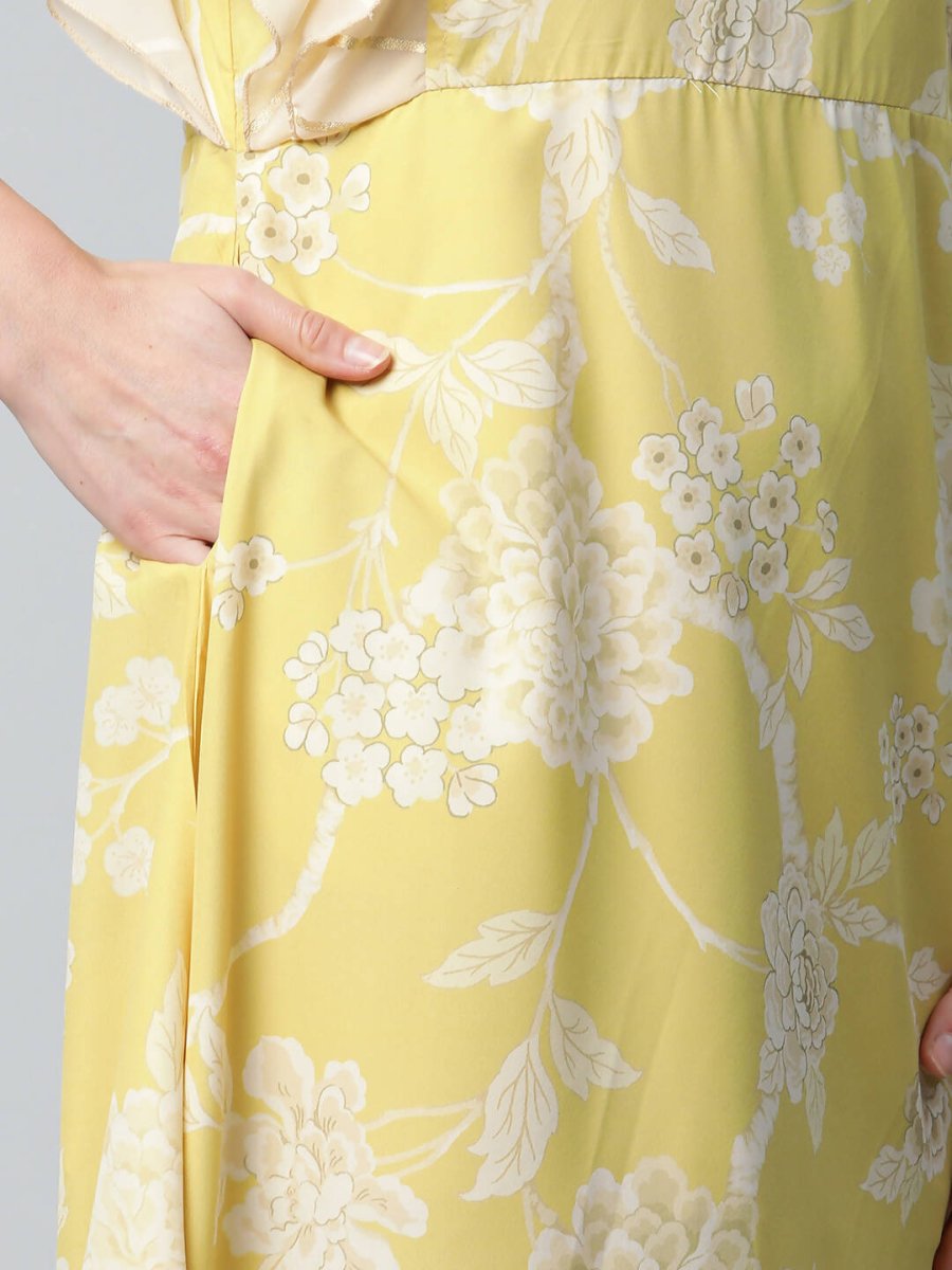 Ahalyaa Womens Lemon Yellow Crepe Floral Dress | Grocsy