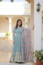 Jyoti Fashion Women's Sky Blue Faux Georgette Sequins Zari Embroideredy Anarkali Dress with Dupatta | Grocsy