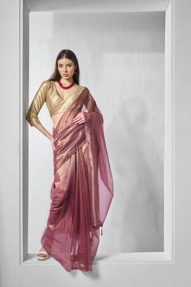 Onion Gold Tissue Net Solid & Gold Cotted Saree - Samaa | Grocsy