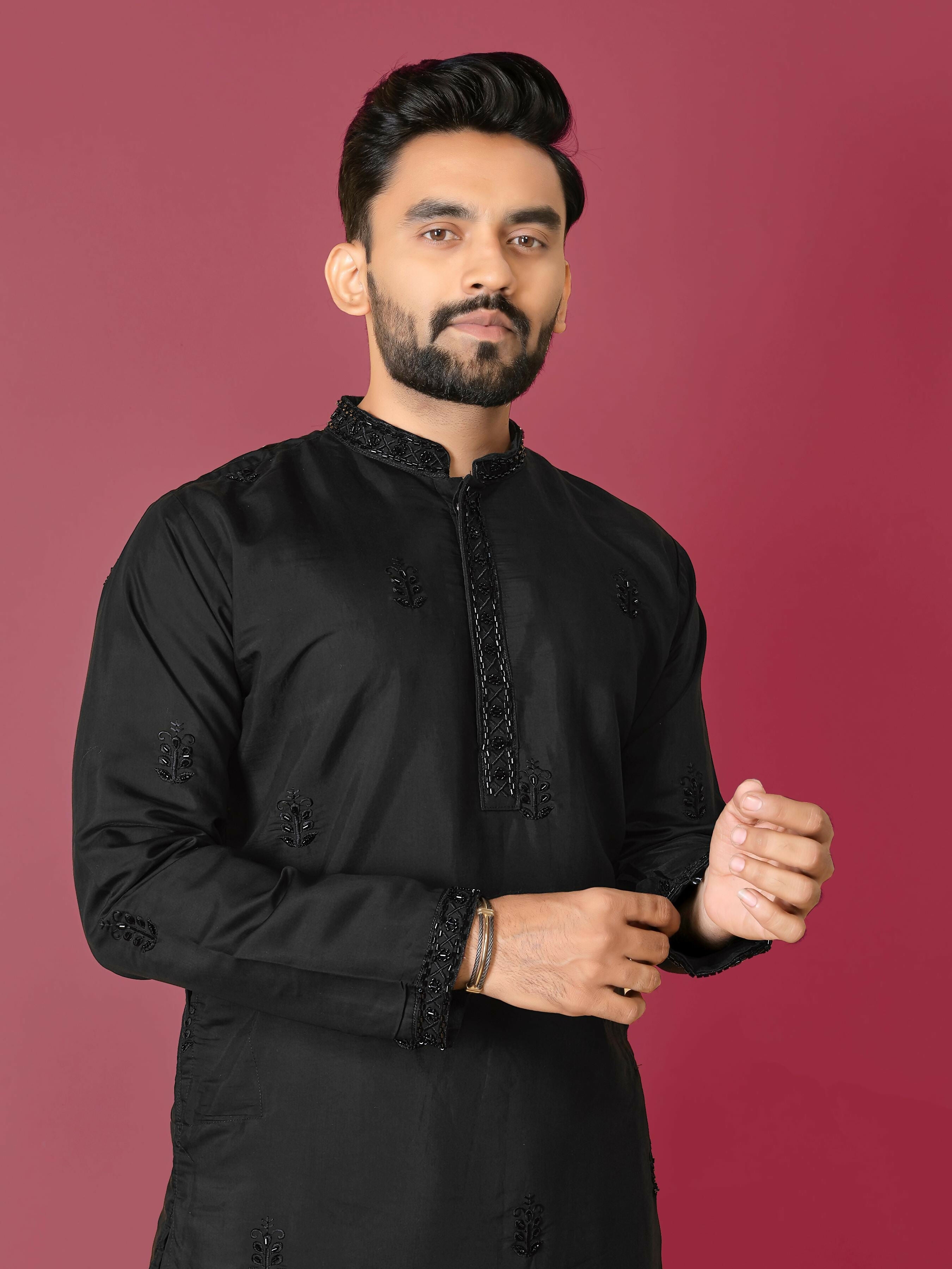 Black Color Men's Kurta Pajama Set by Infinity Export | Grocsy