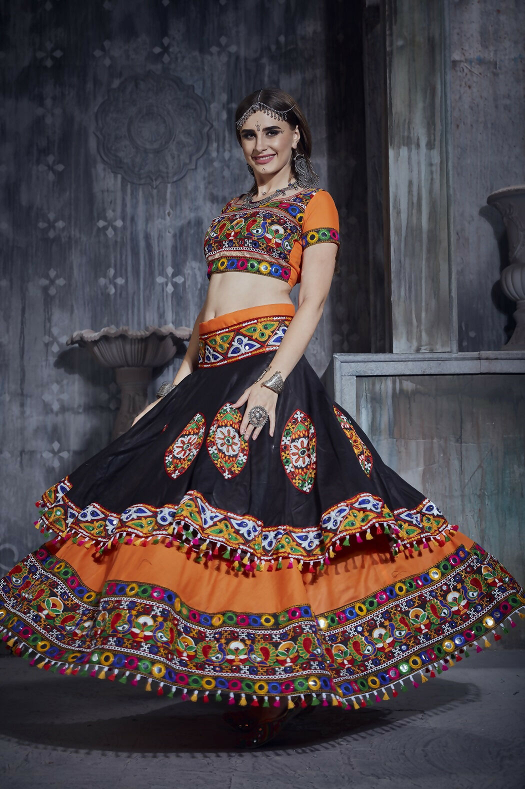AI Fashion Black-Orange Art Silk Designer Navratri Lehenga Choli Collection | Grocsy
