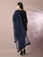 Myshka Women's Navy Blue Embroidered Cotton Straight Party Kurta Set With Dupatta | Grocsy