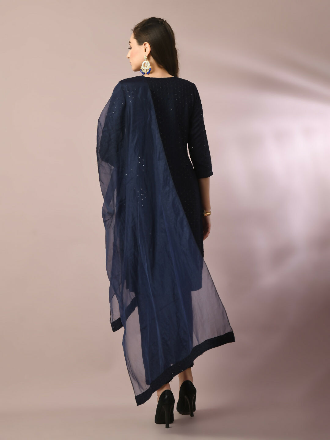 Myshka Women's Navy Blue Embroidered Cotton Straight Party Kurta Set With Dupatta | Grocsy