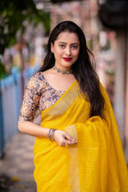 Mustard Linen Sequence Saree with Unstitched Blouse - Hiral Fashion | Grocsy