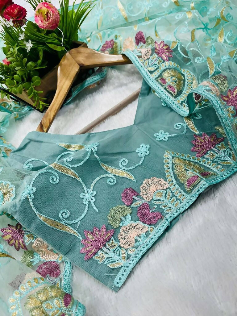 Vastranavya Soft Crush Georgette With Embroidery and Foil Multi Thread Work Saree - Turquoise | Grocsy