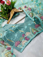 Vastranavya Soft Crush Georgette With Embroidery and Foil Multi Thread Work Saree - Turquoise | Grocsy