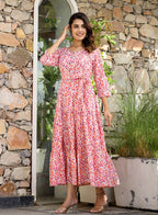 Kaajh Women's Orange Ethnic Floral Hand Block Print Cotton Dress | Grocsy