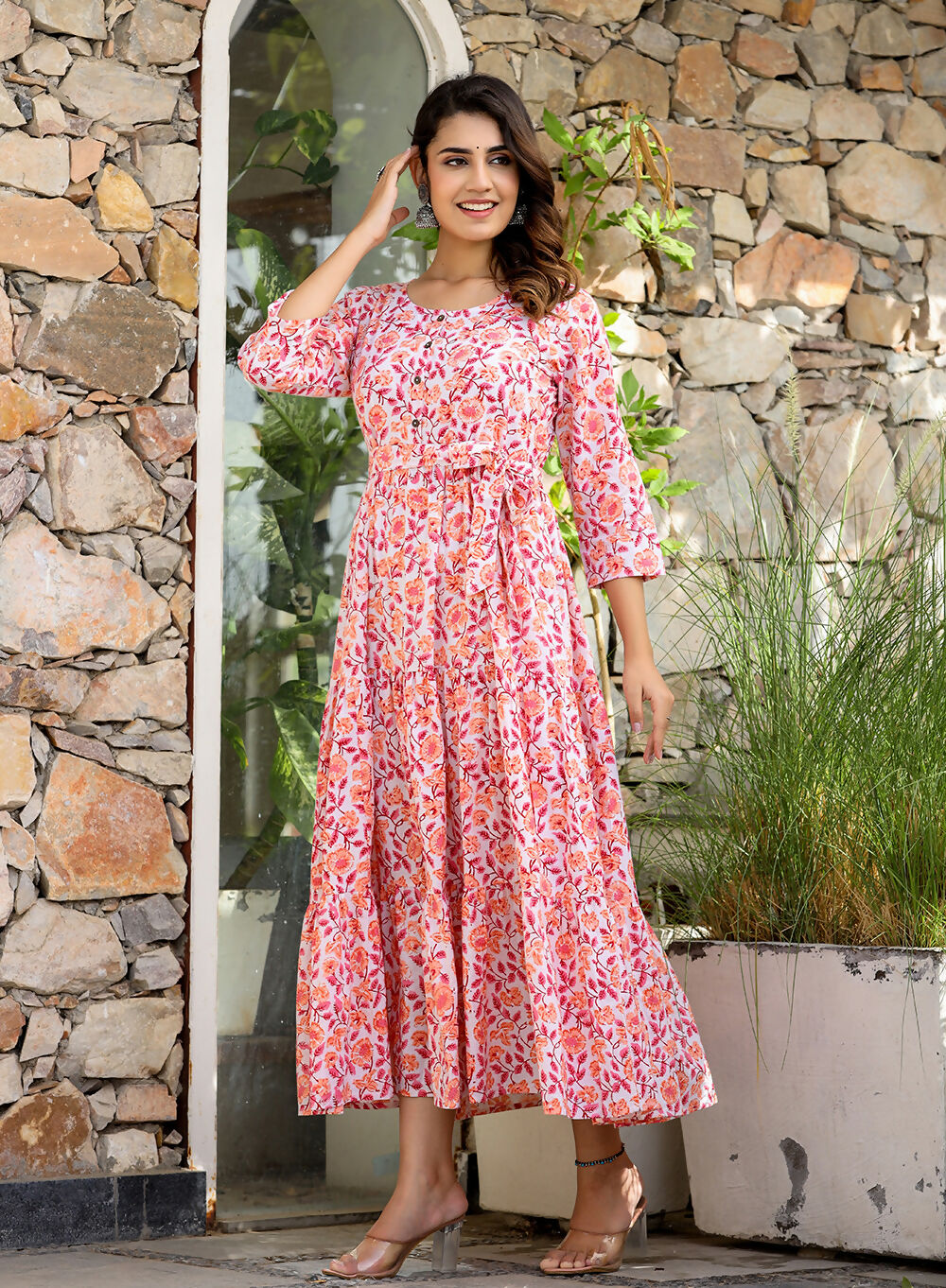 Kaajh Women's Orange Ethnic Floral Hand Block Print Cotton Dress | Grocsy