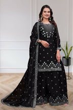 Teeya Creation Womens Trendy Black Silk Blend Embroidered Kurta And Sharara Suit Set With Dupatta | Grocsy