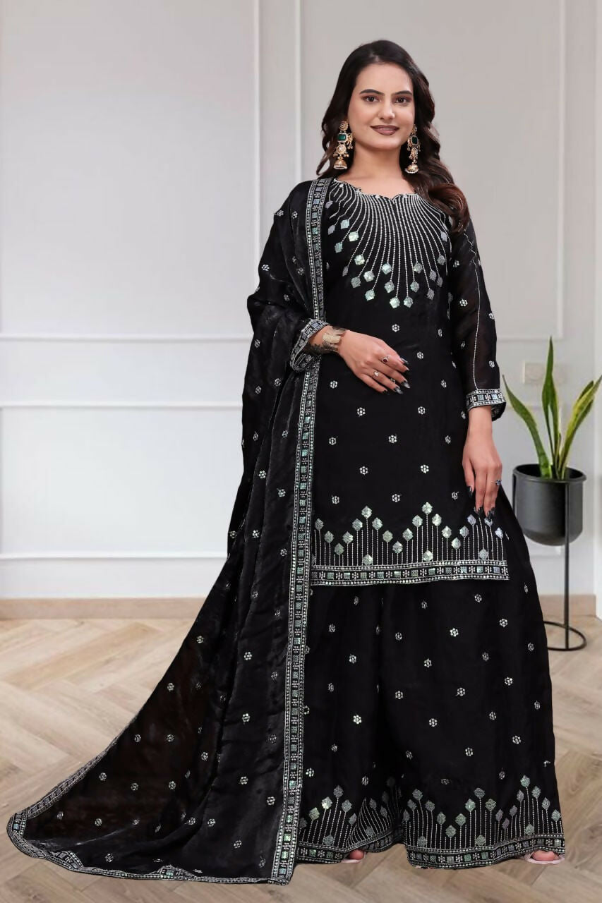 Teeya Creation Womens Trendy Black Silk Blend Embroidered Kurta And Sharara Suit Set With Dupatta | Grocsy