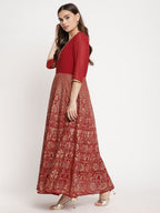 Ahalyaa Women's Maroon Georgette Gold Foil Print Flared Kurta With Dupatta | Grocsy