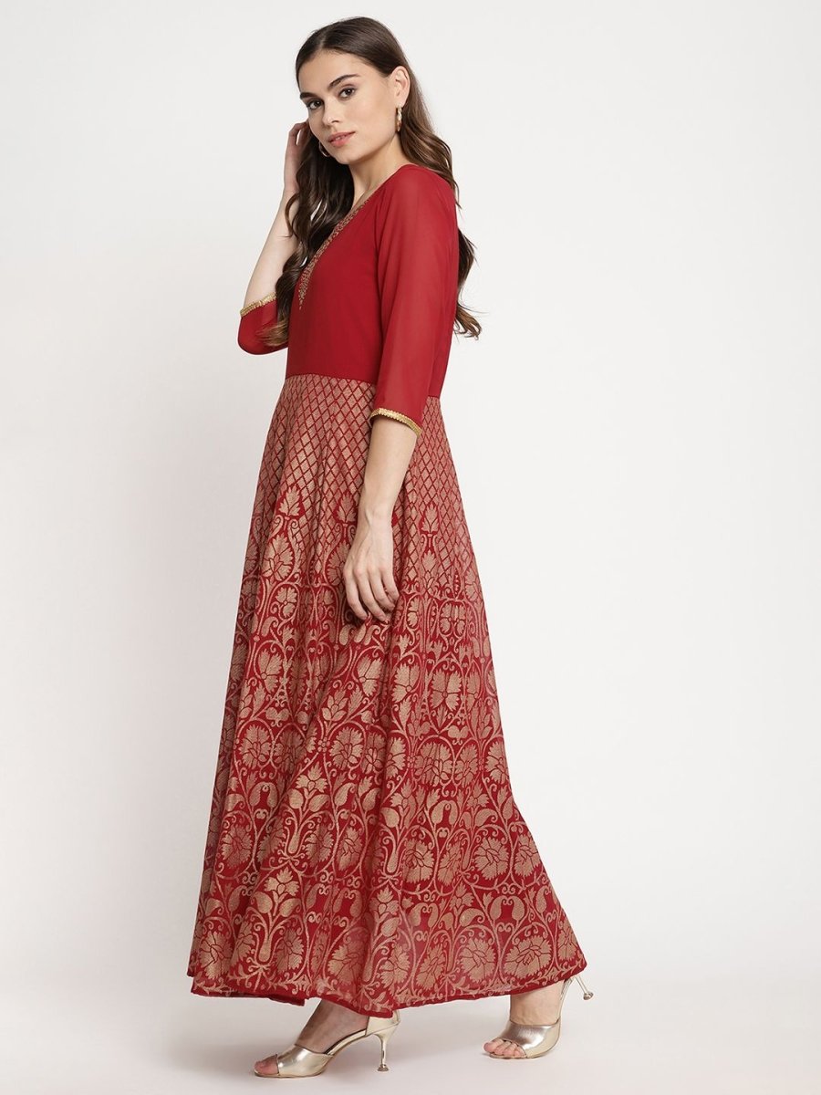 Ahalyaa Women's Maroon Georgette Gold Foil Print Flared Kurta With Dupatta | Grocsy