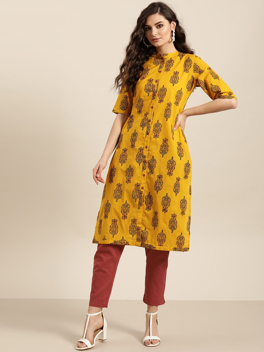 Sangria Women Mustard Yellow & Black Ethnic Motif Printed Kurta with Trousers | Grocsy