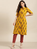 Sangria Women Mustard Yellow & Black Ethnic Motif Printed Kurta with Trousers | Grocsy