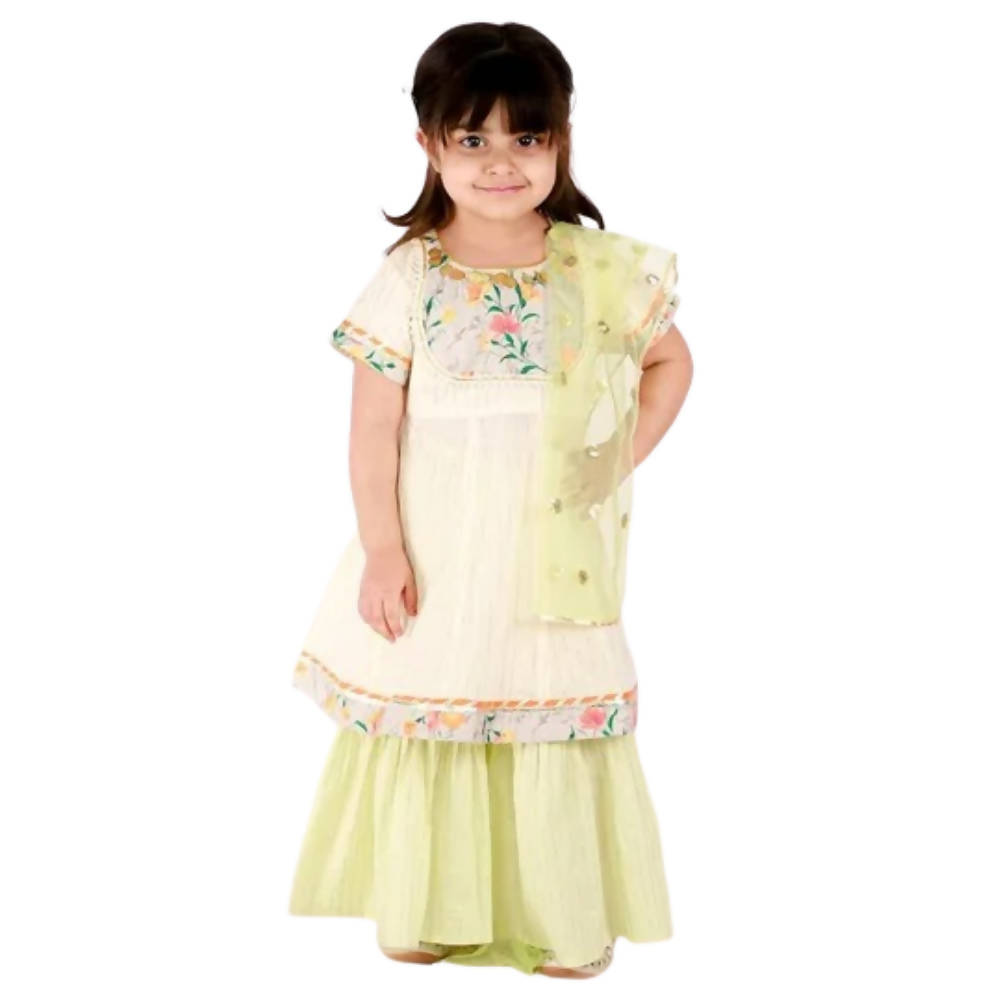 Little Bansi Girls Green Sikka work Gold strip Kurta Frock with sharara and Dupatta | Grocsy