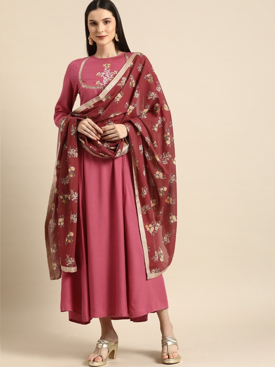 All About You Women Rust Pink Ethnic Motifs Yoke Design Thread Work Kurta with Dupatta | Grocsy