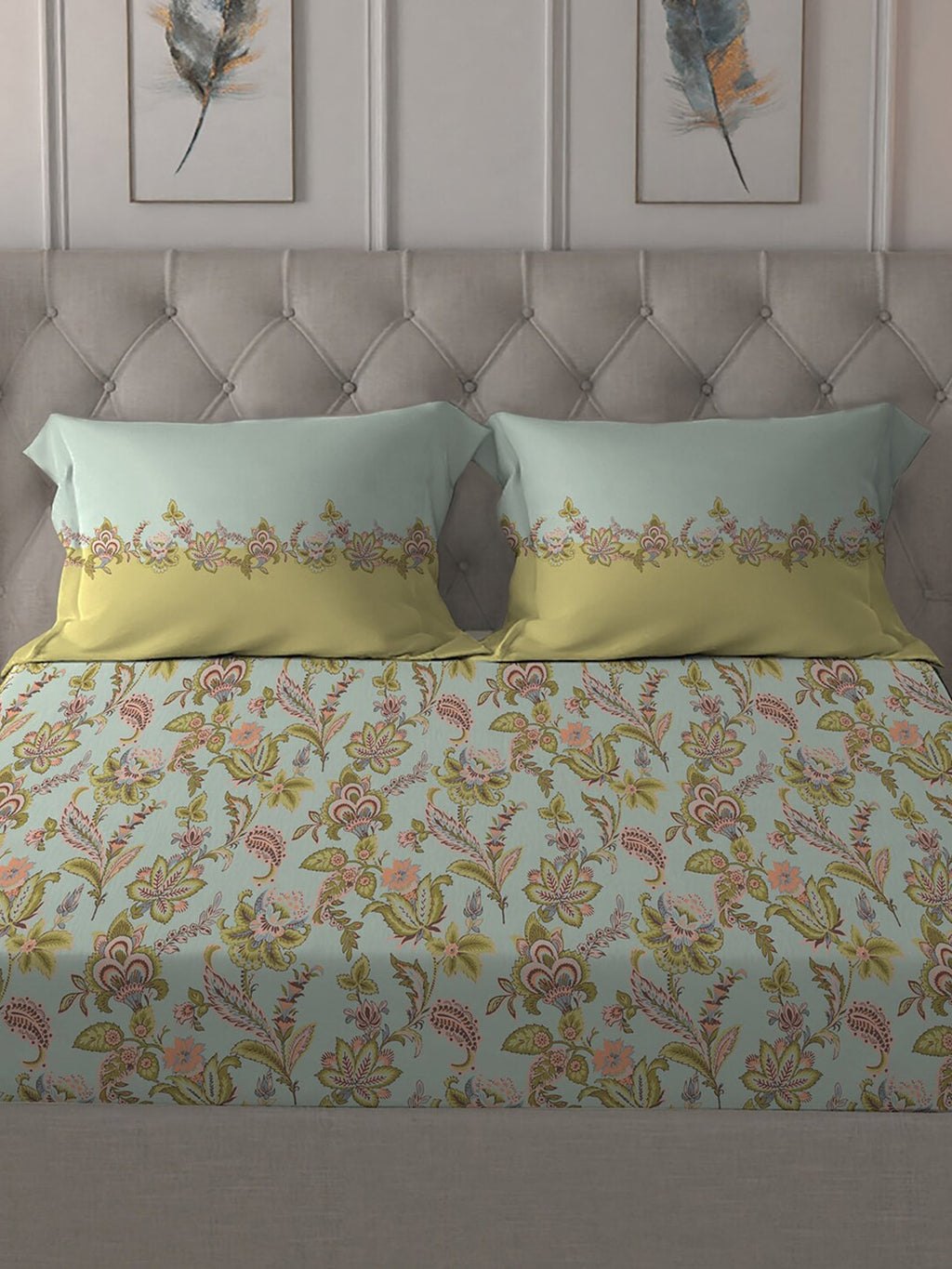 MYTRIDENT Blue White Floral Pure Cotton 144 TC Queen Bedsheet With 2 Pillow Covers | Grocsy