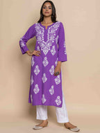 HOUSE OF KARI Floral Chikankari Embroidered Notched Round Neck Straight Kurta | Grocsy