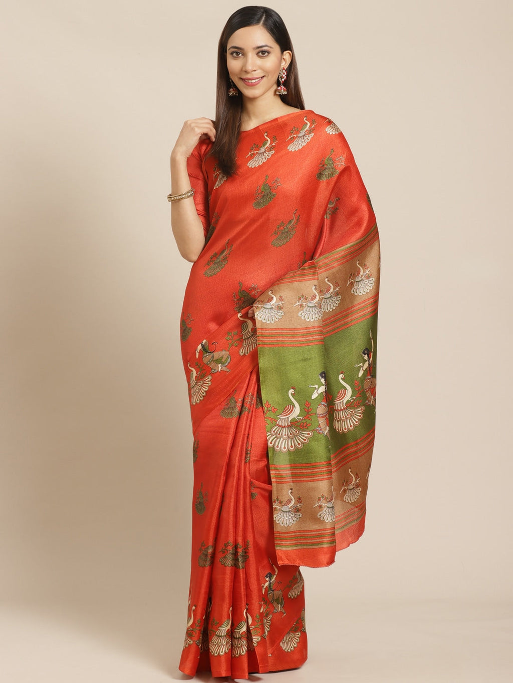 Saree Mall Rust Red & Green Printed Saree | Grocsy