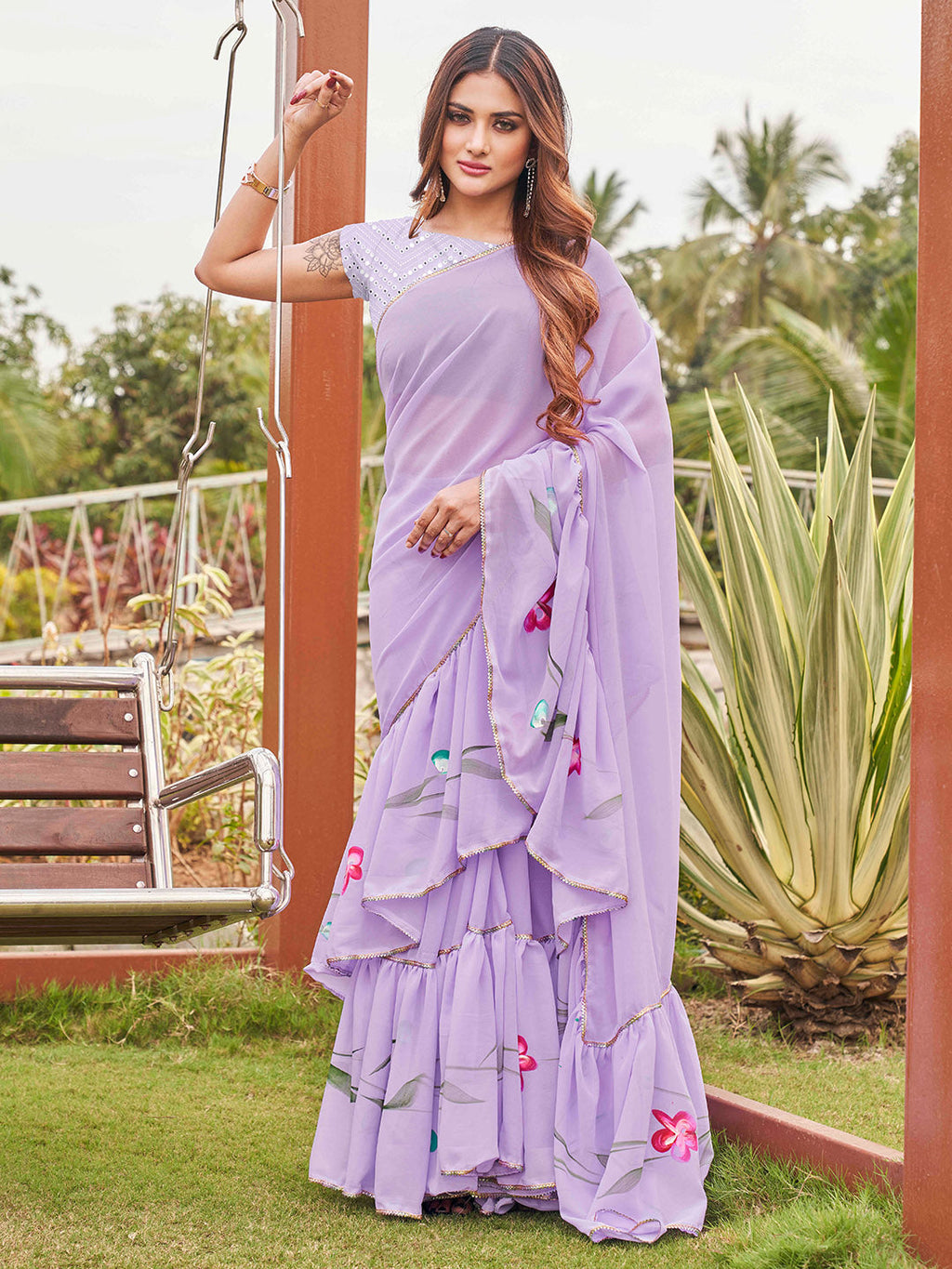 Tikhi Imli Printed Ruffle Saree With Mirror Embroidered Work Blouse | Grocsy