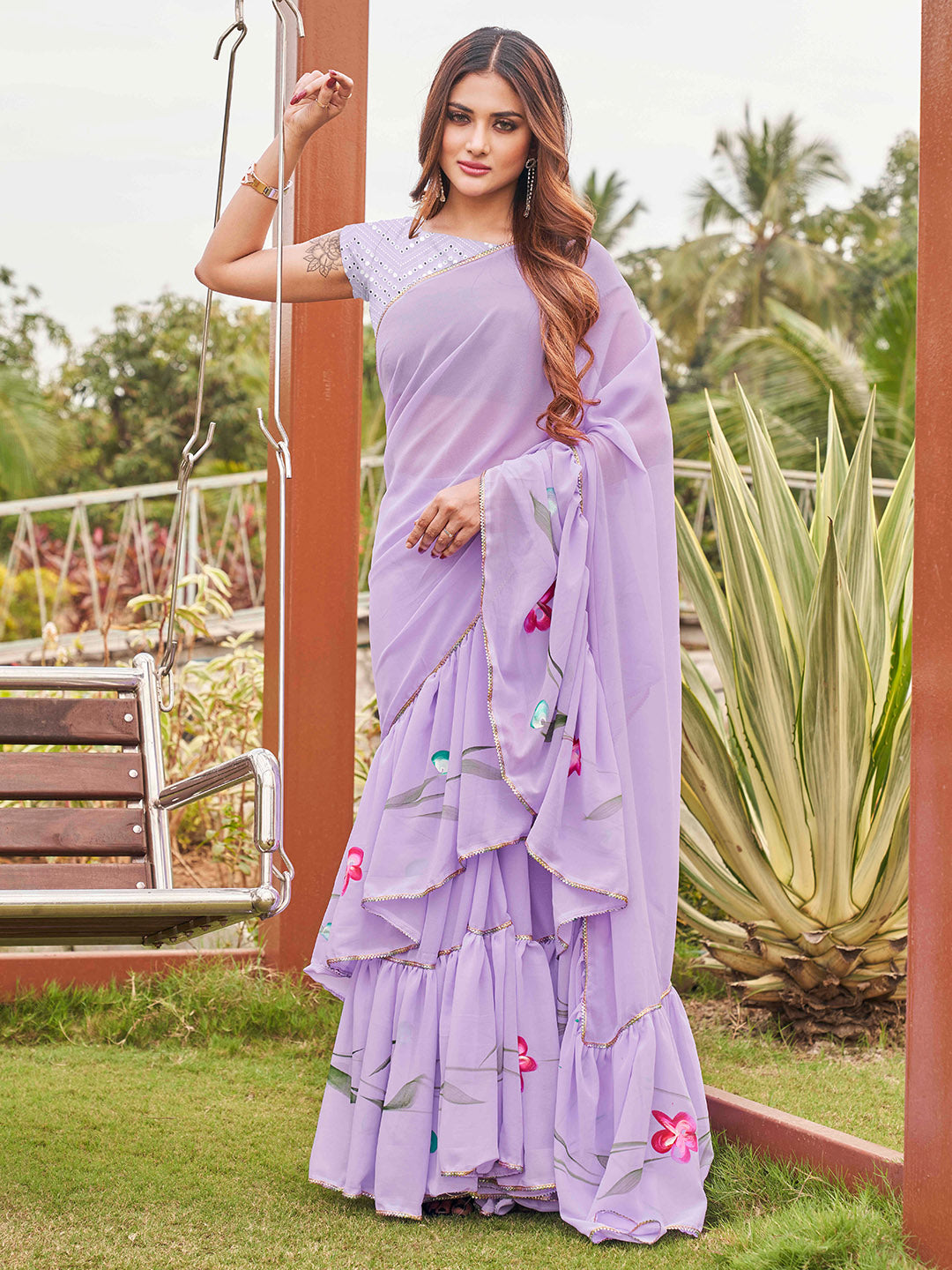 Tikhi Imli Printed Ruffle Saree With Mirror Embroidered Work Blouse | Grocsy