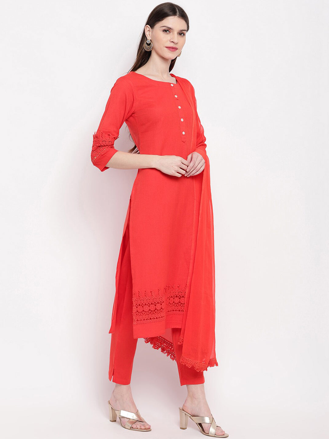 Janasya Women Red Solid Kurta with Trousers & Dupatta | Grocsy