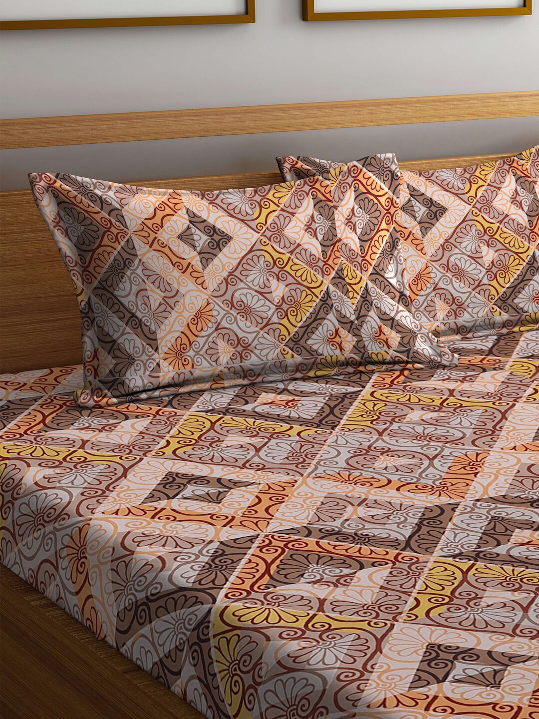 BOMBAY DYEING Epigram Brown & Yellow Ethnic Cotton 120 TC Queen Bedsheet & Pillow Covers | Grocsy