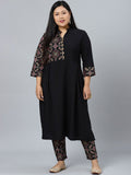 Sztori Plus Size Black Floral Printed Mandarin Collar Straight Kurta with Trousers | Grocsy