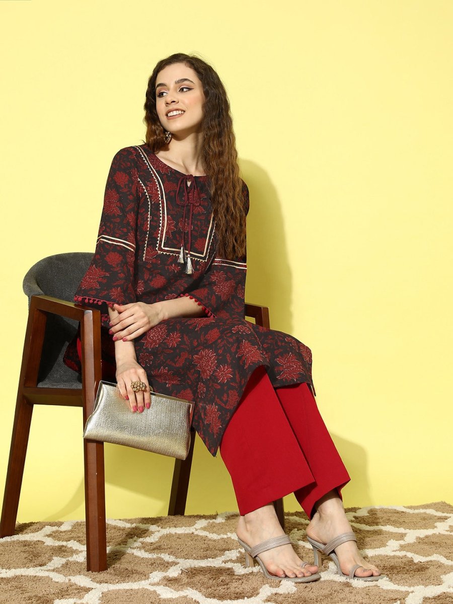 All About You Navy Blue Floral Printed Bell Sleeves Gotta Patti Pure Cotton Kurta | Grocsy