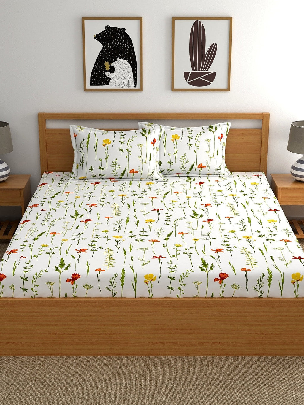 Home Ecstasy White & Green Printed 140 TC Cotton Double Queen Bedsheet With 2 Pillow Covers | Grocsy