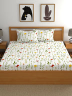 Home Ecstasy White & Green Printed 140 TC Cotton Double Queen Bedsheet With 2 Pillow Covers | Grocsy