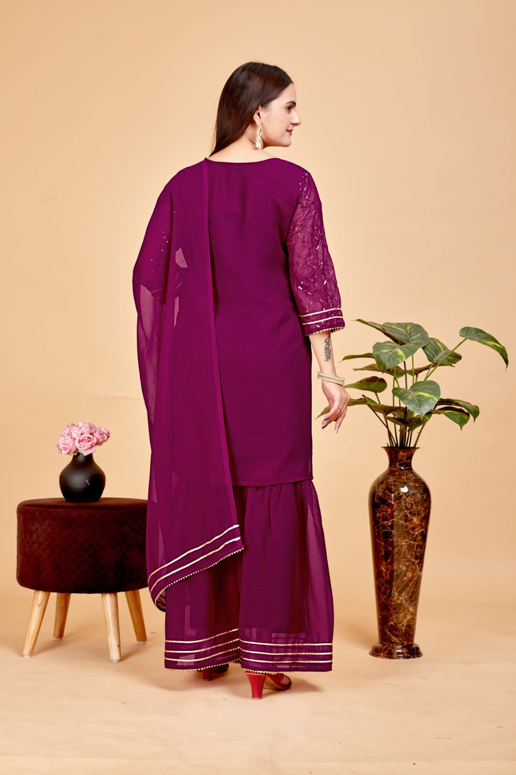 Women's A-Line Purple Kurta and Sharara With Dupatta Set - A2M | Grocsy