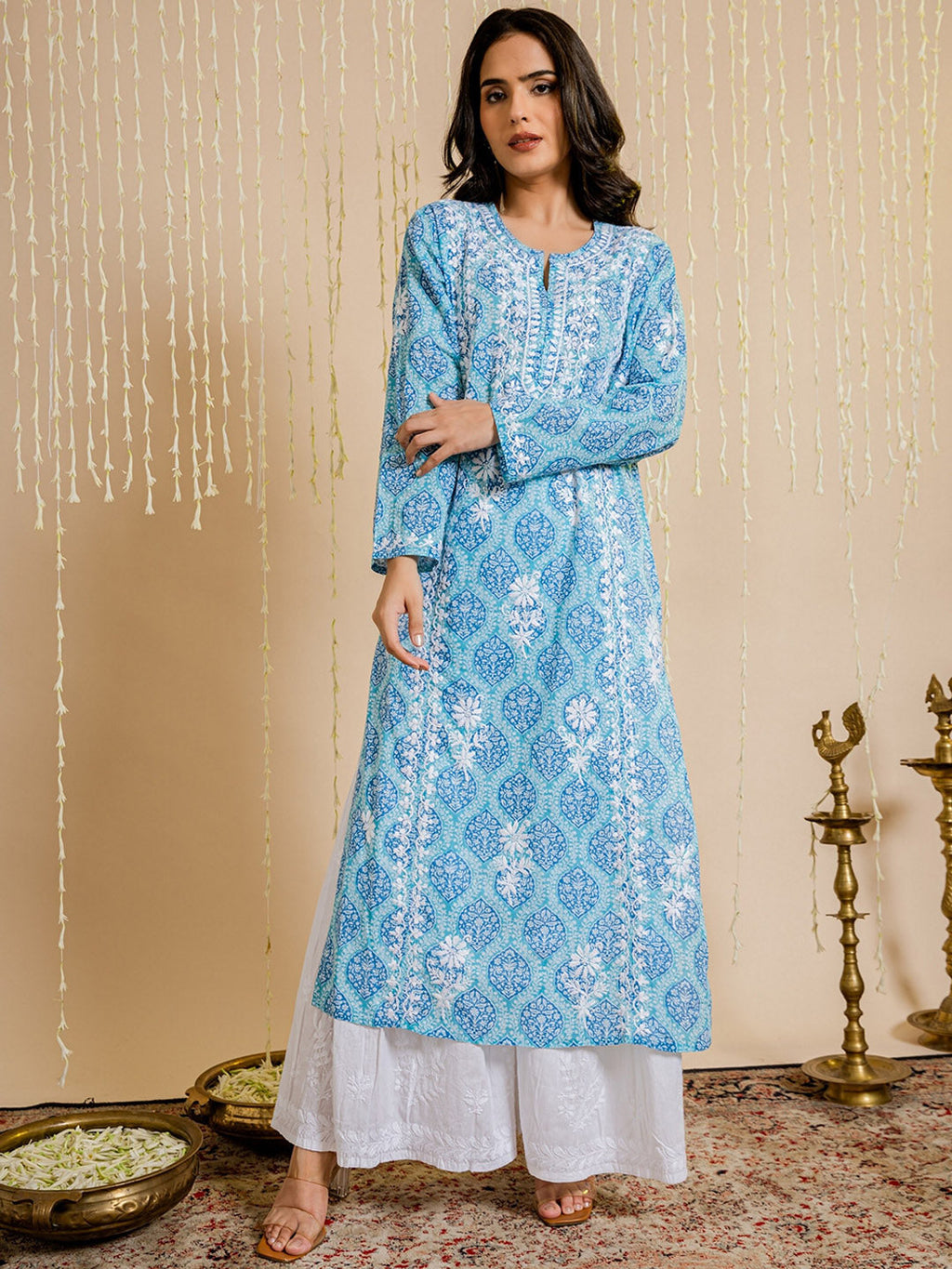 HOUSE OF KARI Ethnic Motifs Printed Cotton Panelled Chikankari Kurta | Grocsy