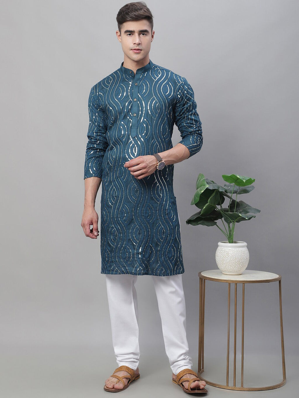 Sojanya Ethnic Motifs Embroidered Sequinned Pure Cotton Kurta with Churidar | Grocsy