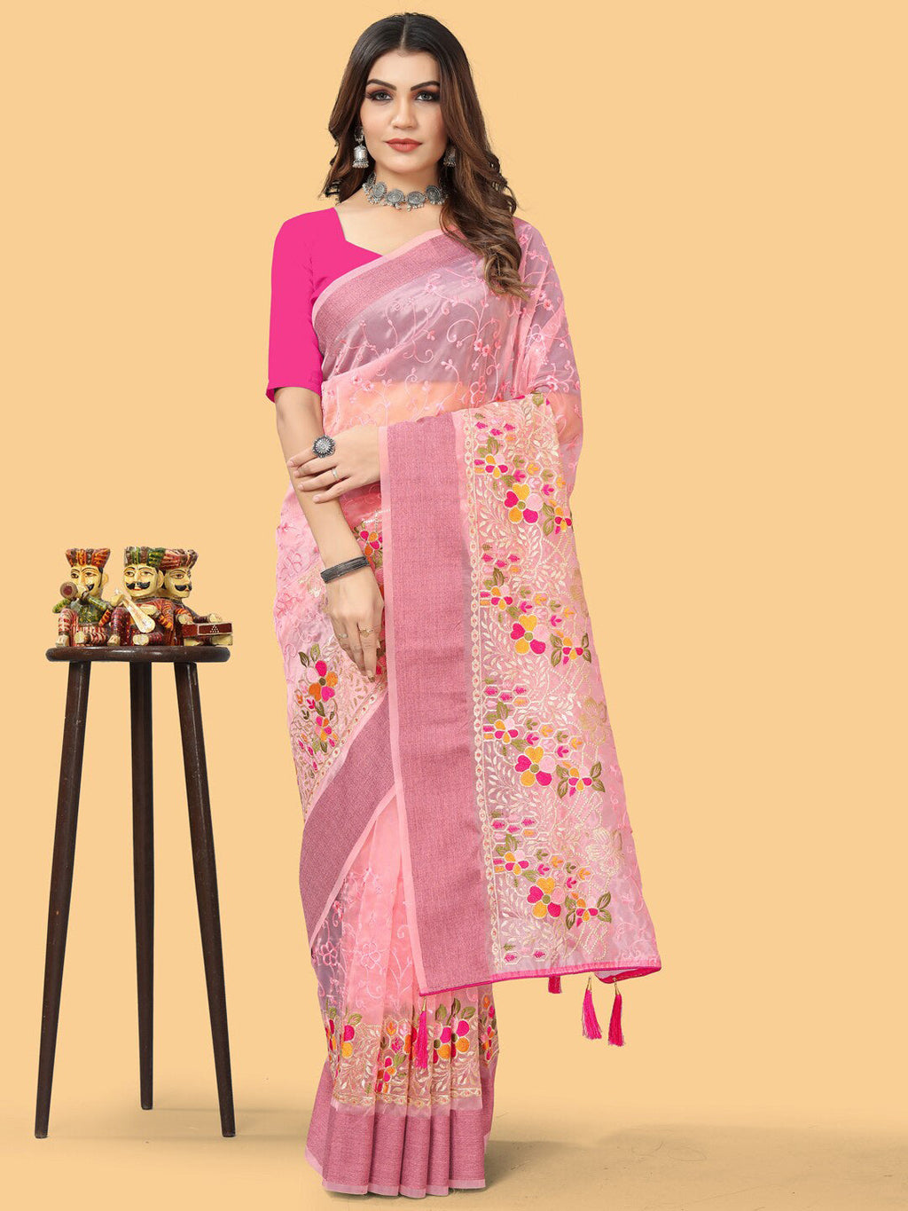 Sangria Pink & White Floral Embroidered Zari Organza Bagh Sarees | Grocsy
