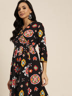 Sangria Women Black & White Geometric Print Cotton Angrakha Kurta with Trousers | Grocsy