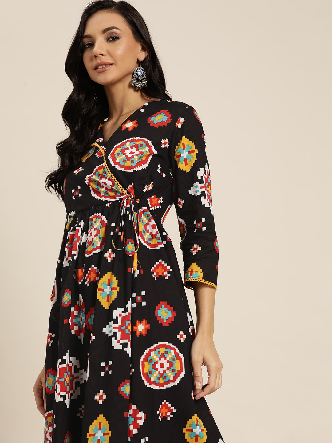 Sangria Women Black & White Geometric Print Cotton Angrakha Kurta with Trousers | Grocsy