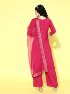 Sangria Floral Yoke Design Jacquard Kurta with Palazzos & With Dupatta | Grocsy
