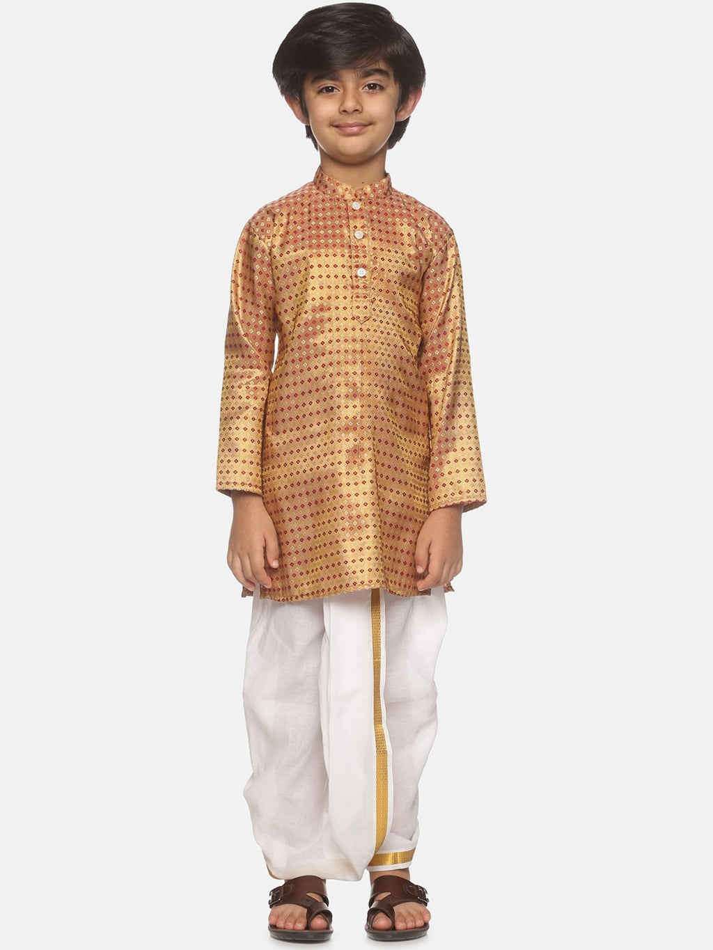 Sethukrishna Boys Golden & White Ethnic Motifs Printed Kurta with Dhoti Pants | Grocsy