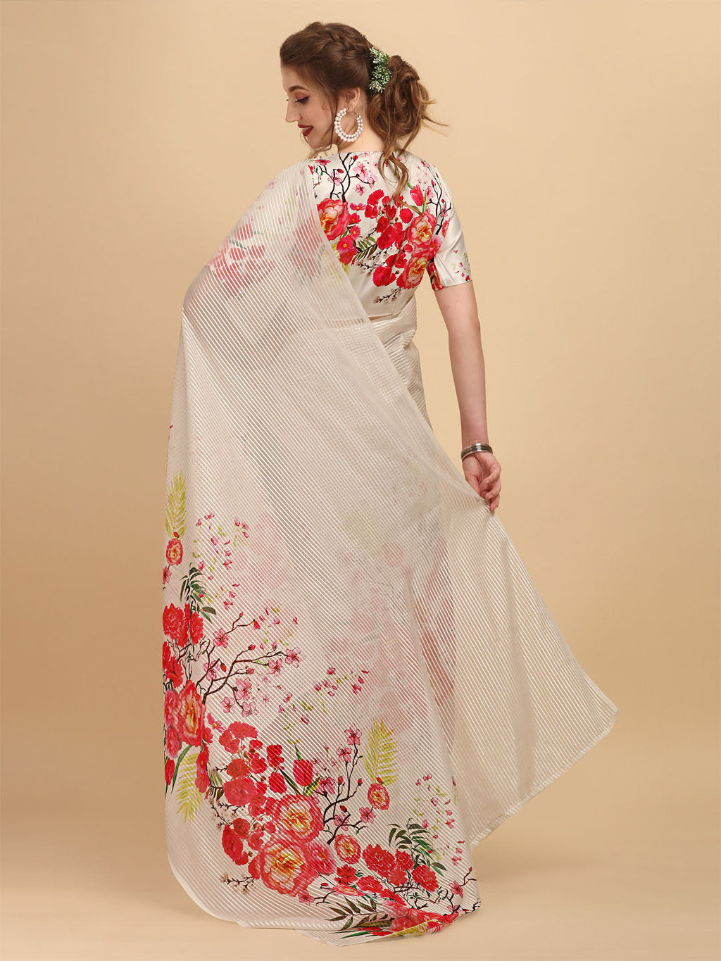 Sangria Off White & Red Floral Satin Designer Saree | Grocsy