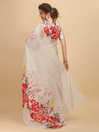 Sangria Off White & Red Floral Satin Designer Saree | Grocsy