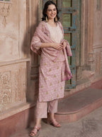 Sangria Mauve coloured Floral Printed Pure Cotton Kurta with Churidar & With Dupatta | Grocsy