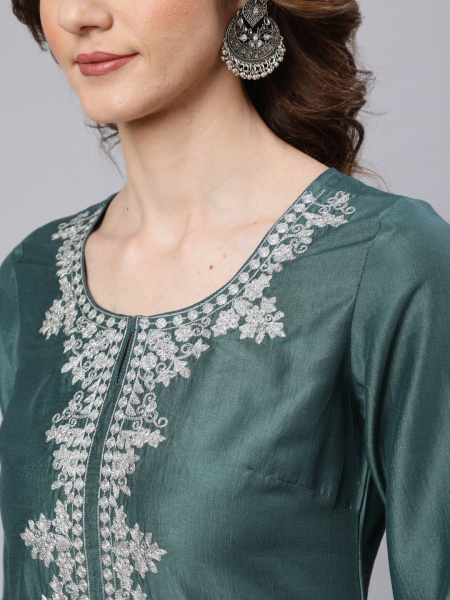 Aks Floral Yoke Design Thread Work Silk Kurta | Grocsy