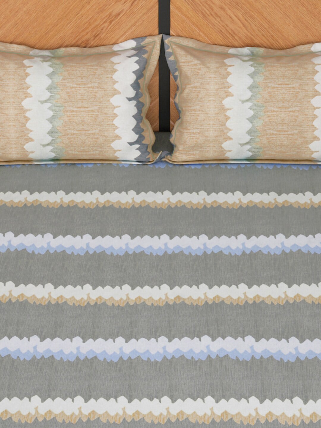 Story@home Grey & Peach-Coloured Striped 180 TC Queen Bedsheet With 2 Pillow Covers | Grocsy
