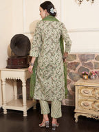 Sangria Floral Printed Gotta Patti Pure Cotton Straight Kurta With Trousers & With Dupatta | Grocsy