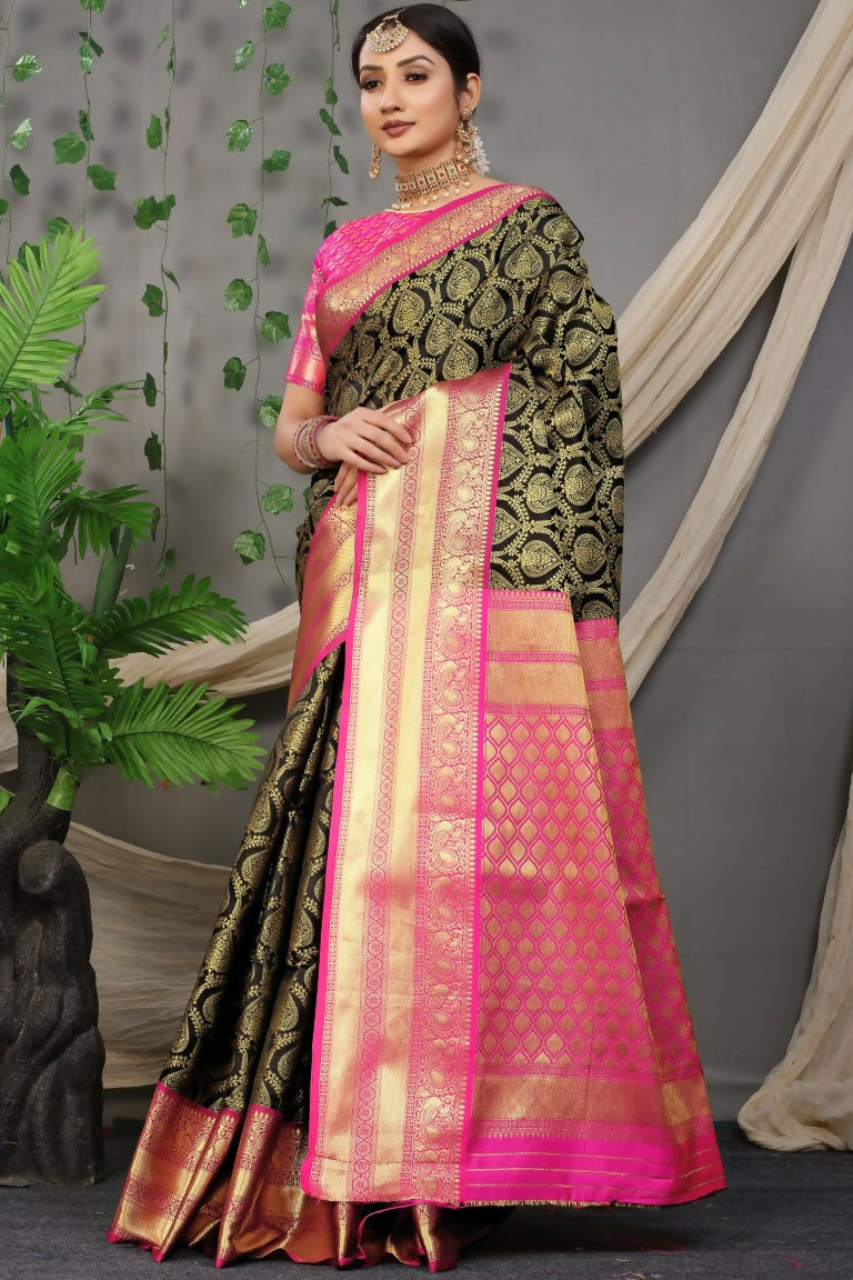 Jyoti Fashion Women's Black Kanjivaram Silk Zari Woven Saree with Blouse | Grocsy