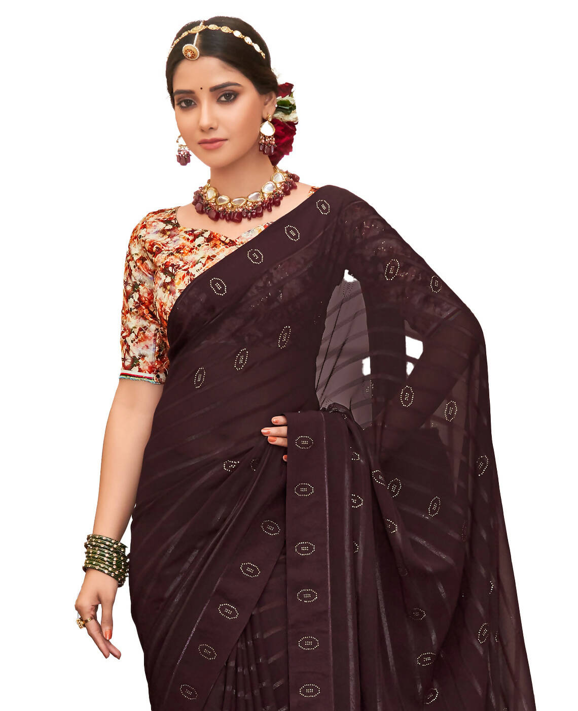 Brown Georgette Swaroski Work Saree With Unstitched Blouse Piece - Juhi | Grocsy