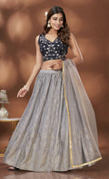 Grey Chinnon Crush Foil Printed Lehenga Choli with Dupatta - Aakriti | Grocsy